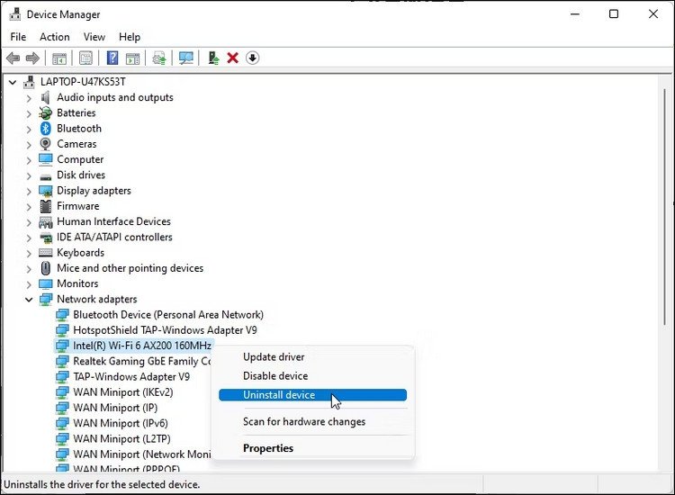 Gỡ cài đặt driver Wi-Fi trong Device Manager