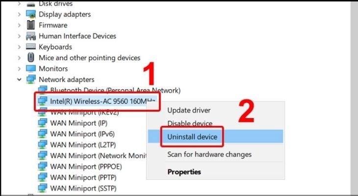Gỡ cài đặt thiết bị Wireless (card WiFi Dell) trong Device Manager.