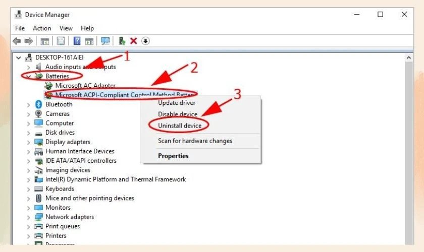 Gỡ cài đặt và cài đặt lại driver pin để khắc phục lỗi sạc