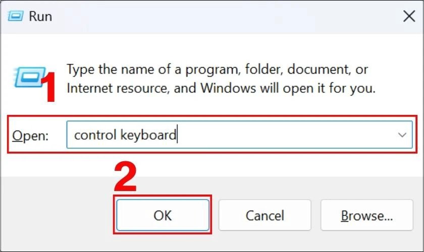 Gõ "Control Keyboard" tại hộp kiểm Open và nhấn OK