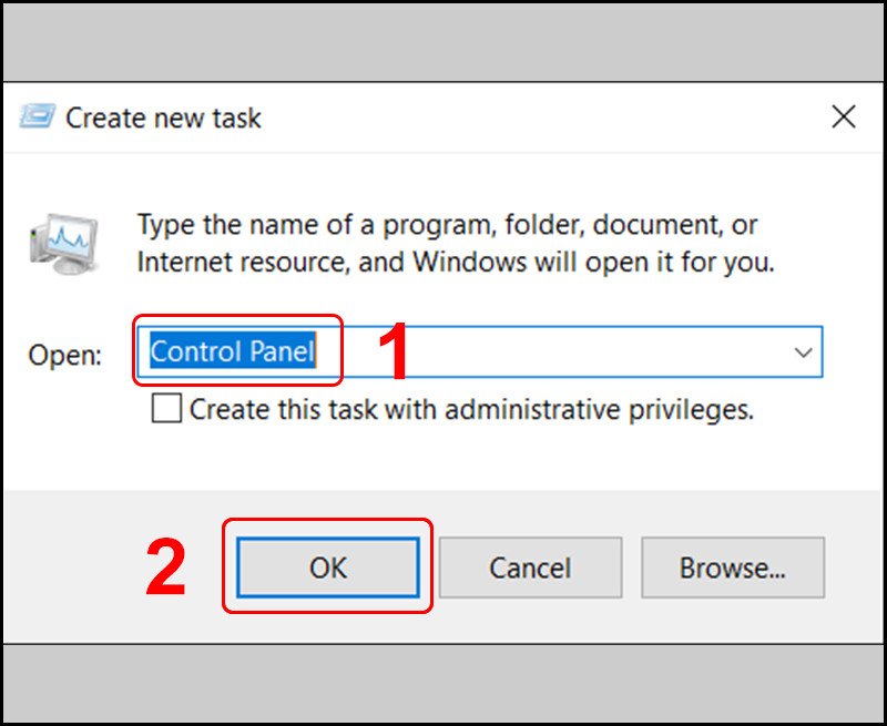Gõ Control Panel vào hộp thoại Run New Task