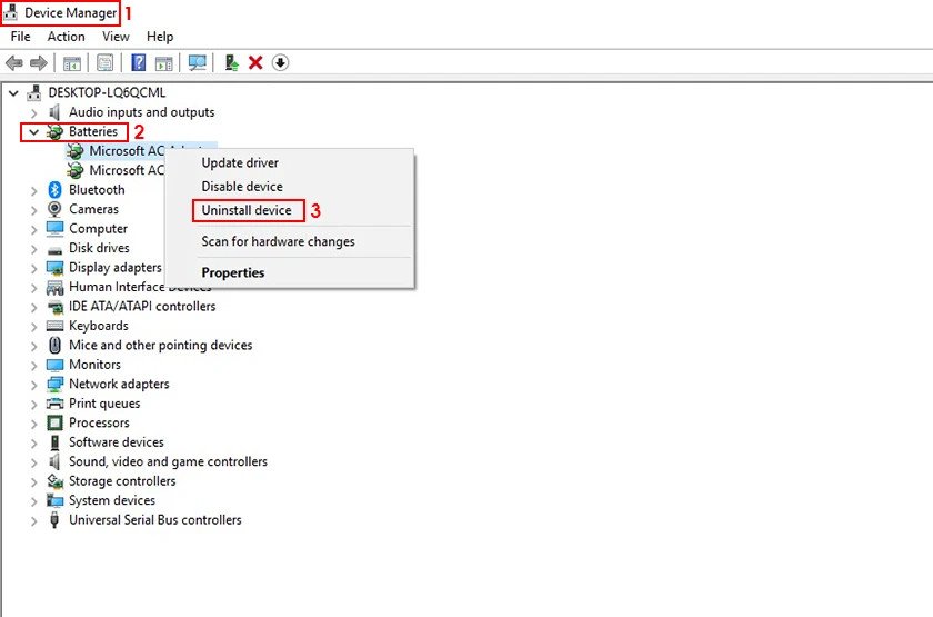 Gỡ driver quản lý pin laptop trong Device Manager để sửa lỗi