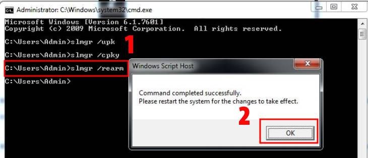 Gõ lệnh 'slmgr /rearm' vào cửa sổ Command Prompt để kích hoạt lại Windows