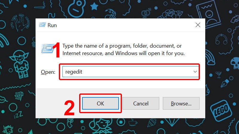 Gõ regedit vào cửa sổ sau đó nhấn OK để truy cập Registry Editor