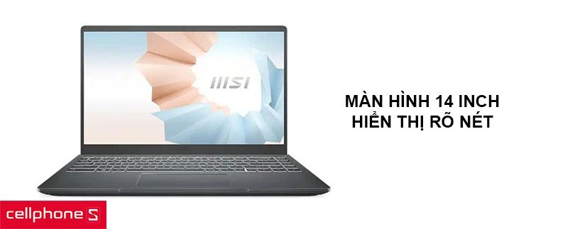 Góc nhìn cận cảnh màn hình 14 inch sắc nét của laptop MSI Modern 14 B11MOU-848VN, hiển thị nội dung sống động.