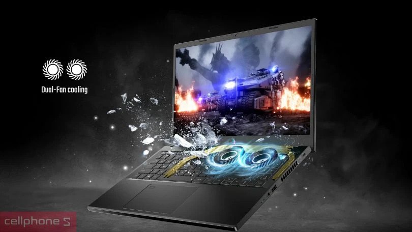 Hệ thống tản nhiệt kép và các khe thoát khí phía dưới laptop gaming Acer Nitro V đảm bảo hiệu suất ổn định