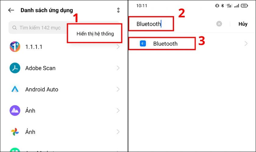 Hiển thị các ứng dụng hệ thống để quản lý Bluetooth