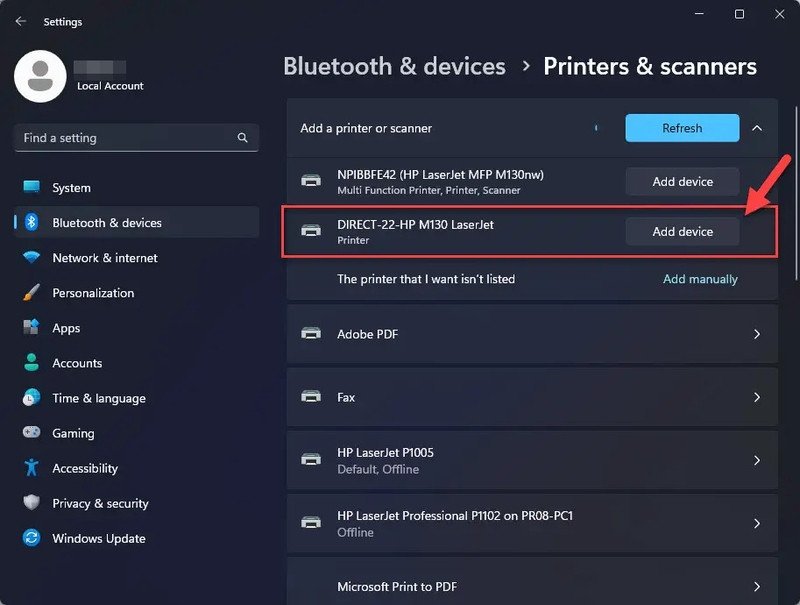 hiển thị máy in wifi direct