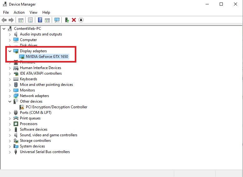 Hiển thị tên card đồ họa trong mục Display adapters của Device Manager