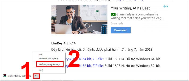 Hiển thị tệp tin UniKey đã tải về trong thư mục trên laptop