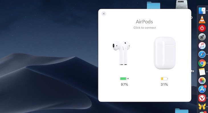 Hiển thị trạng thái pin AirPods đã kết nối thành công với MacBook