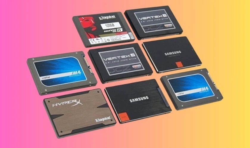 Hình ảnh các logo của các thương hiệu ổ cứng nổi tiếng như Samsung, Kingston, Western Digital