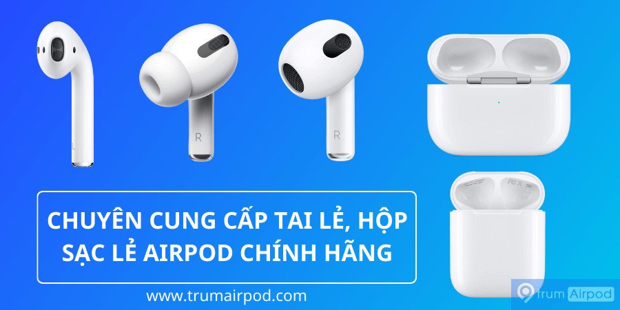 Hình ảnh các thành phần tai nghe AirPod, bao gồm tai nghe AirPod 2 chính hãng lẻ, hộp sạc và phụ kiện
