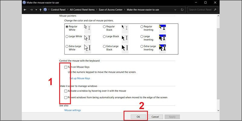 Hình ảnh các tùy chọn trong cài đặt bàn phím Windows, bỏ chọn để kích hoạt lại nút mở khoá bàn phím laptop