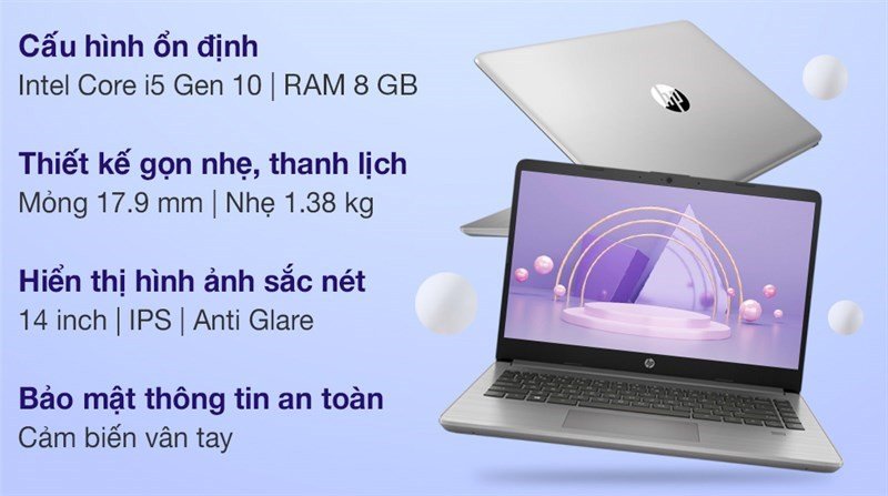 Hình ảnh cận cảnh laptop HP 340s G7 14 inch mỏng nhẹ với bàn phím và touchpad.