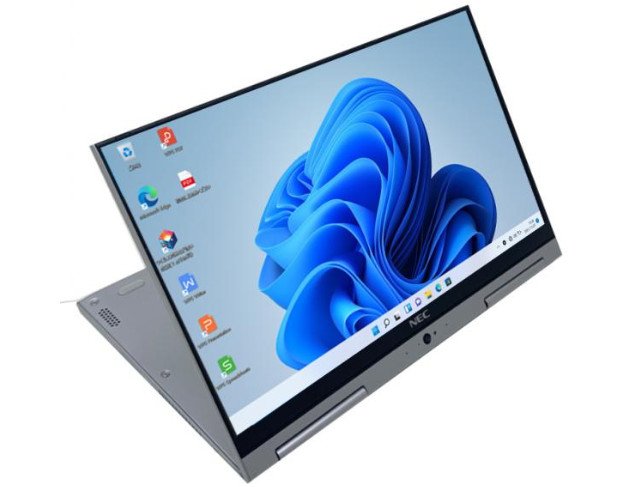 Hình ảnh cận cảnh màn hình và bàn phím của laptop NEC 2 trong 1, nổi bật khả năng hiển thị sắc nét
