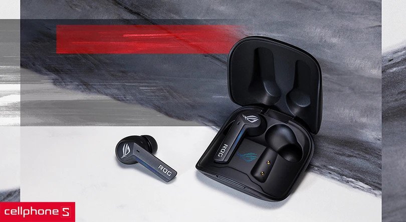Hình ảnh cận cảnh tai nghe ASUS ROG Cetra True Wireless màu đen, thể hiện thiết kế driver và chất lượng âm thanh cao cấp