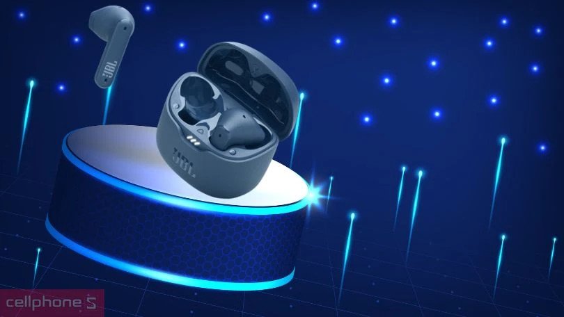 Hình ảnh cận cảnh tai nghe JBL Tune Flex với hộp sạc và các màu sắc khác nhau, thể hiện thiết kế nhỏ gọn và thời trang