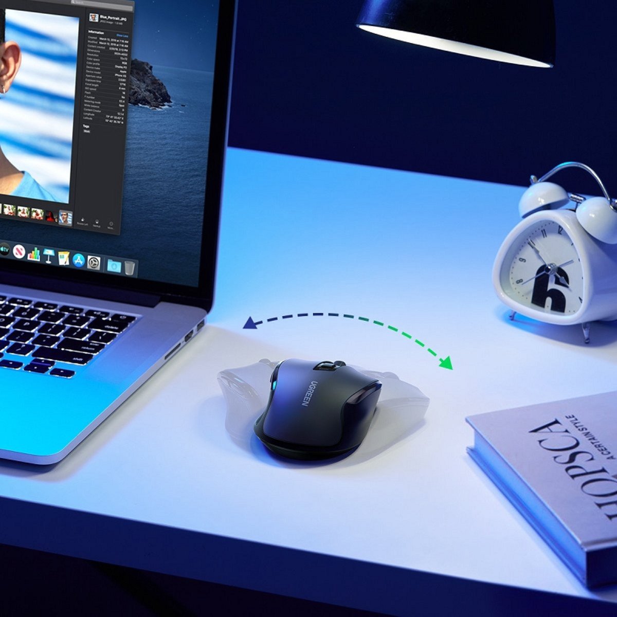 Hình ảnh chuột Bluetooth Ugreen MU006 với các nút chức năng và đèn báo DPI