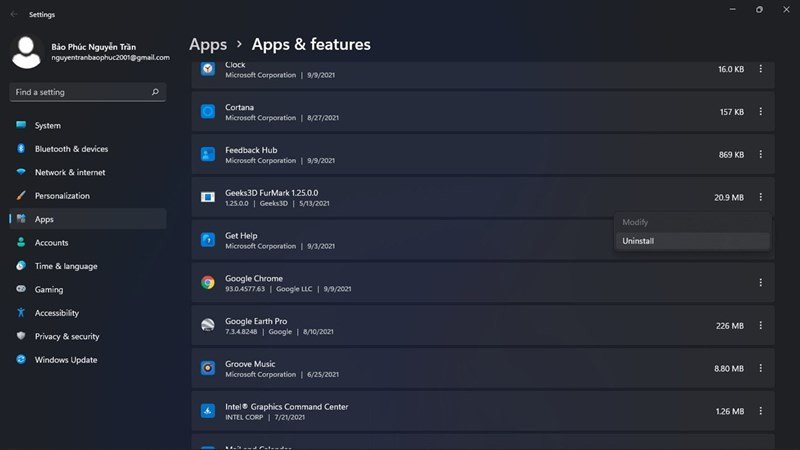 hình ảnh giao diện cài đặt Windows 11, phần "Apps &amp; features", hiển thị danh sách ứng dụng và tùy chọn gỡ cài đặt