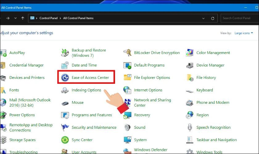 Hình ảnh giao diện Control Panel với mục Ease of Access nổi bật