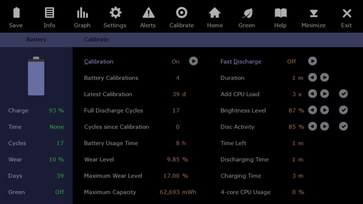 Hình ảnh giao diện Smarter Battery với các thông số chi tiết về tình trạng pin, giúp tối ưu sạc pin laptop HP