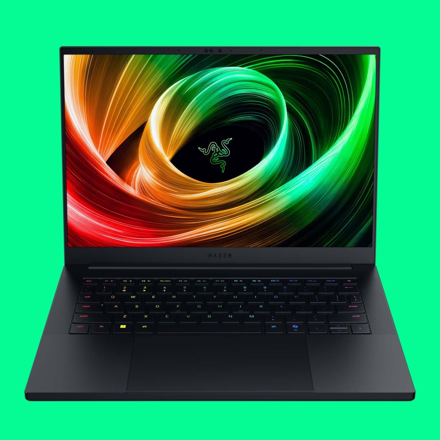 Hình ảnh laptop chơi game Razer Blade 14 (2025) màu đen, nhìn từ góc phía trên bên trái, với màn hình hiển thị logo Razer, tôn lên vẻ ngoài tinh tế và hiệu năng cao