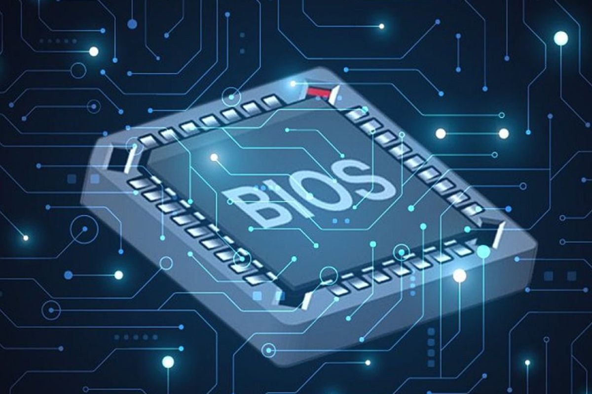 Hình ảnh laptop đang hiển thị giao diện BIOS để cập nhật