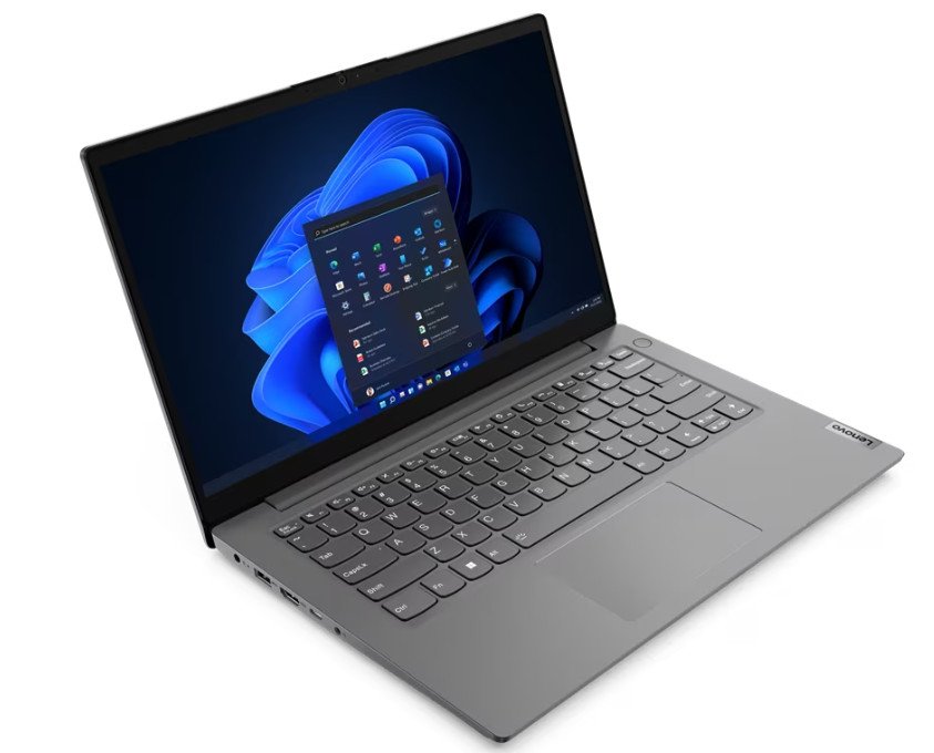 Hình ảnh laptop Lenovo V14 G4 IRU màu xám trên bàn làm việc
