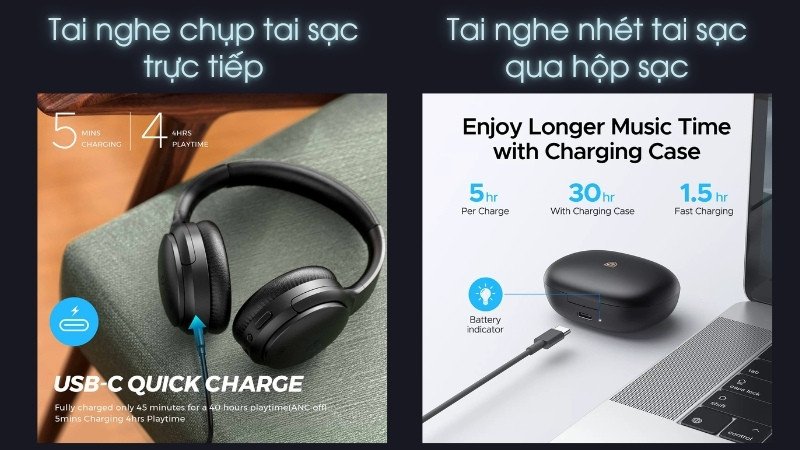 Hình ảnh minh họa hai phương pháp sạc tai nghe không dây phổ biến: qua hộp sạc và trực tiếp