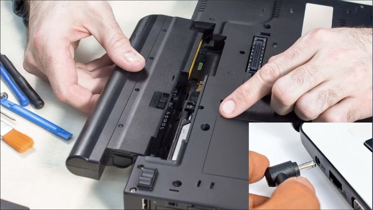 Hình ảnh một bộ sạc laptop (adapter nguồn), gợi ý việc kiểm tra pin và nguồn điện là quan trọng khi laptop tự bật nguồn khi mở nắp