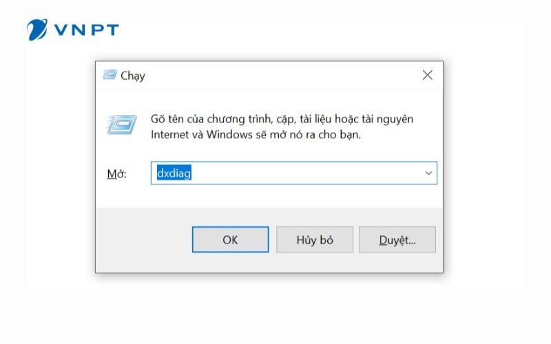 Hình ảnh nhập lệnh dxdiag để xem thông tin laptop