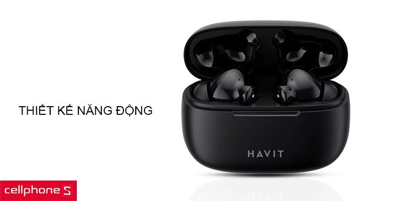 Hình ảnh tai nghe Havit TW 967 màu đen với hộp sạc và củ tai công thái học