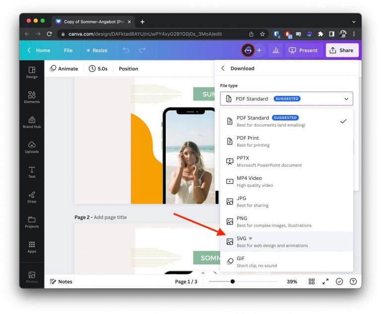 Hình ảnh thể hiện việc chọn định dạng SVG trong Canva để xuất file