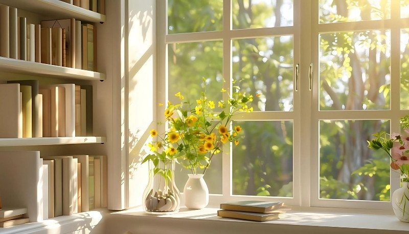 Hình nền kệ sách 4K nghệ thuật với ánh sáng lung linh