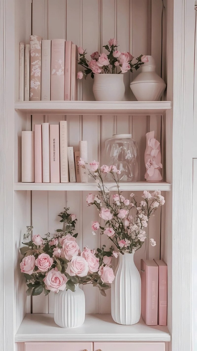Hình nền kệ sách màu hồng dễ thương