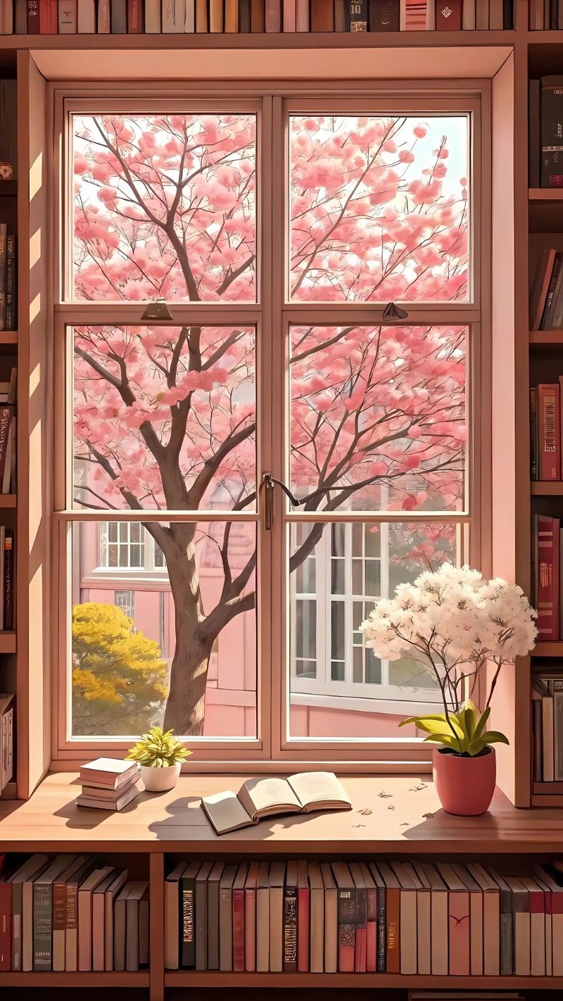 Hình nền kệ sách màu hồng với sách và phụ kiện đáng yêu