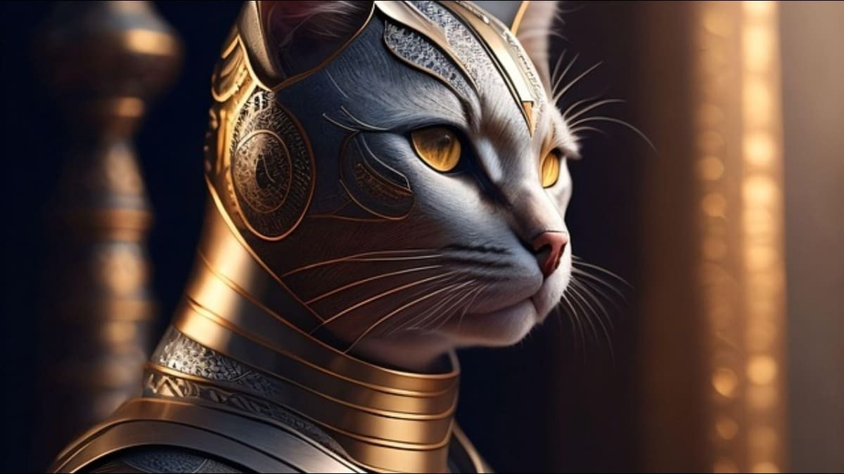Hình nền laptop con mèo chiến binh fantasy dũng mãnh, sẵn sàng cho cuộc phiêu lưu, đầy ấn tượng