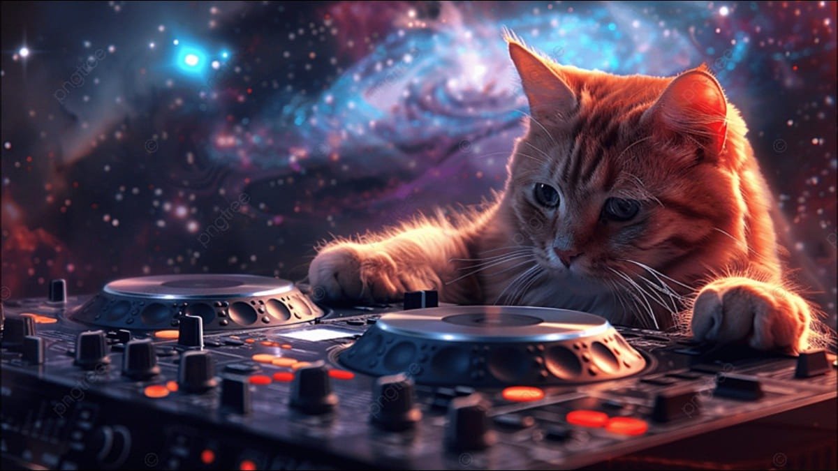 Hình nền laptop con mèo DJ độc đáo đang biểu diễn trên bàn mix nhạc, phong cách hiện đại và vui nhộn