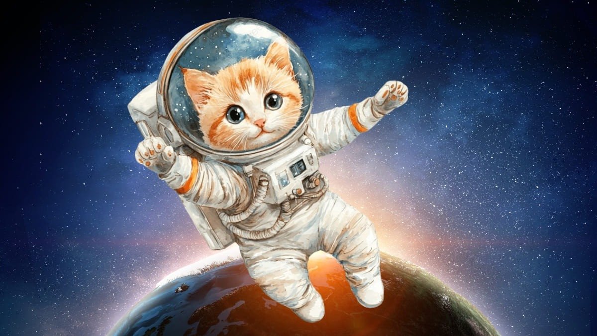 Hình nền laptop con mèo phi hành gia trong bộ đồ vũ trụ, khám phá thiên hà bao la, mang tính sáng tạo