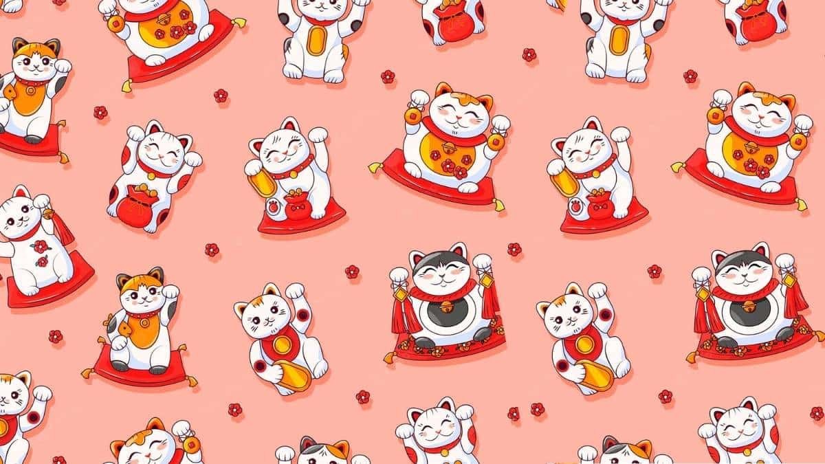 Hình nền laptop linh vật phong thủy với mèo thần tài Maneki Neko vẫy gọi tài lộc