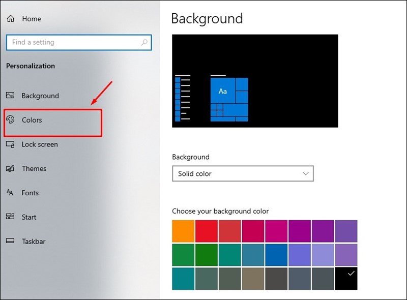 hình nền laptop màu đen: Chọn mục Colors để thay đổi giao diện