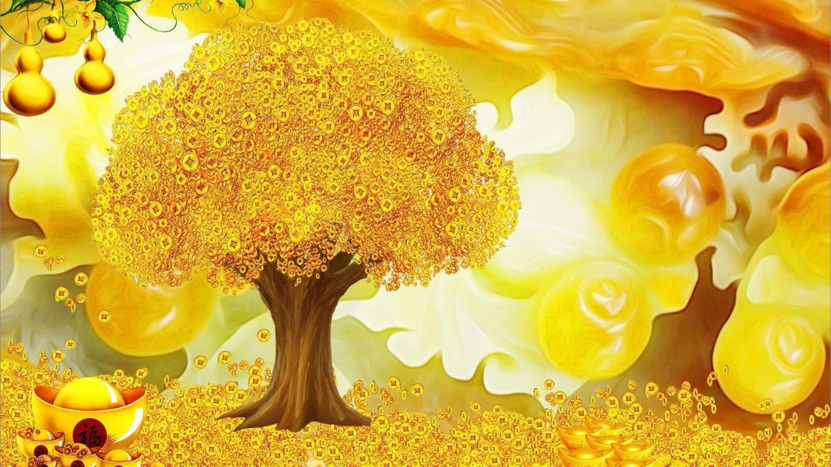 Hình nền laptop thu hút tài lộc cho người mệnh Kim với biểu tượng vàng bạc lấp lánh