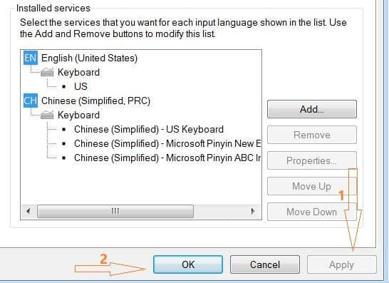Hoàn tất cài đặt bộ gõ Pinyin trên laptop Windows 7 bằng cách nhấn Apply và OK