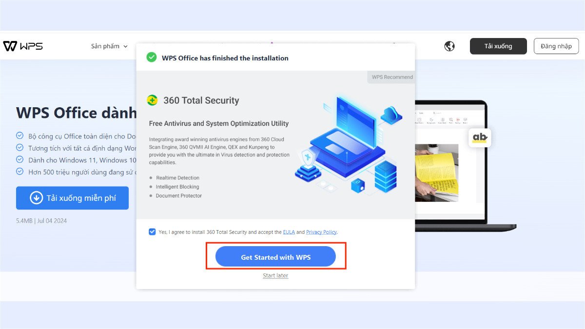 Hoàn tất cài đặt lại WPS Office trên laptop