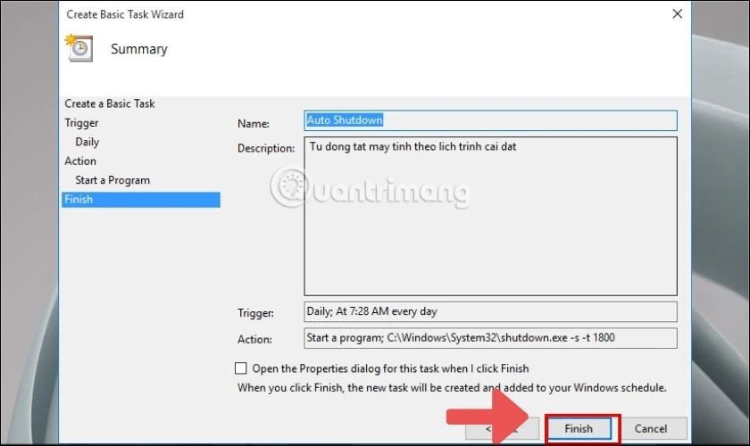 Hoàn tất thiết lập tác vụ hẹn giờ tắt laptop Win 10 trong Task Scheduler