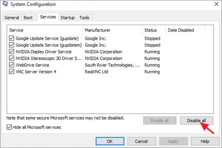 Hoàn tất vô hiệu hóa dịch vụ không phải của Microsoft để sửa lỗi màn hình laptop bị xanh dương