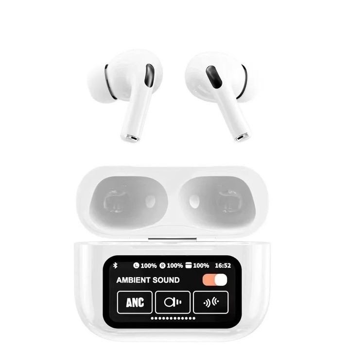 Hộp sạc của A9 Pro tai nghe hiển thị dung lượng pin và trạng thái kết nối