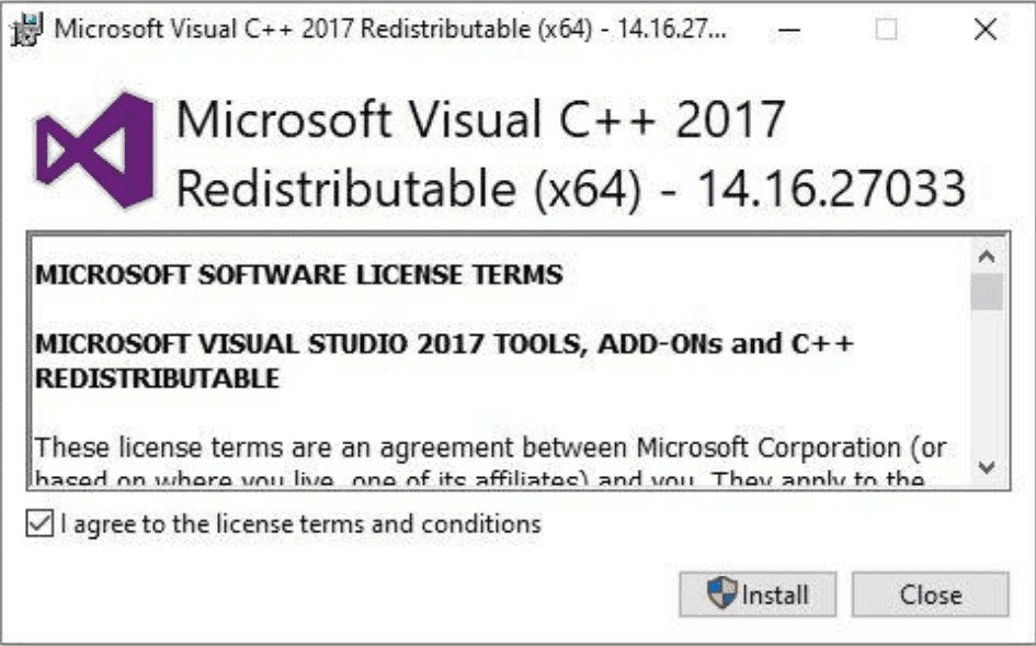 Hộp thoại cài đặt Microsoft Visual C++ Redistributable, với tùy chọn "I agree to the license terms and conditions" được chọn và nút Install sẵn sàng nhấn