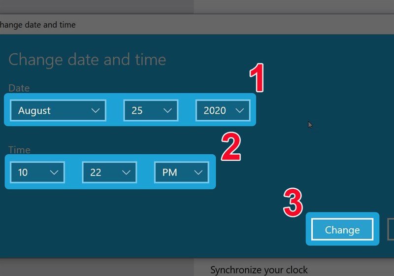 Hộp thoại Change date and time để nhập thông tin ngày giờ